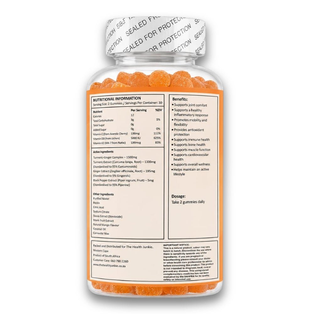 Turmeric & Ginger - Joint & Bone Support – 60 Gummies - Sugar Free - The Health Junkie