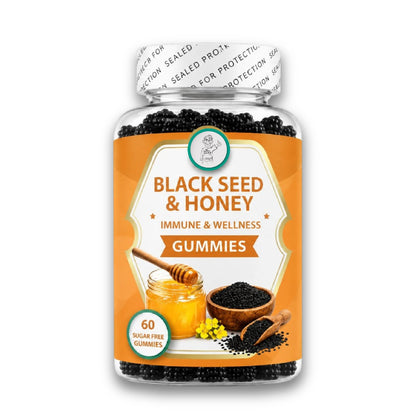 Bottle of Black Seed & Honey Gummies on a white background