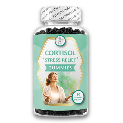 Bottle of Cortisol Stress Relief Gummies with a woman on the label against a white background