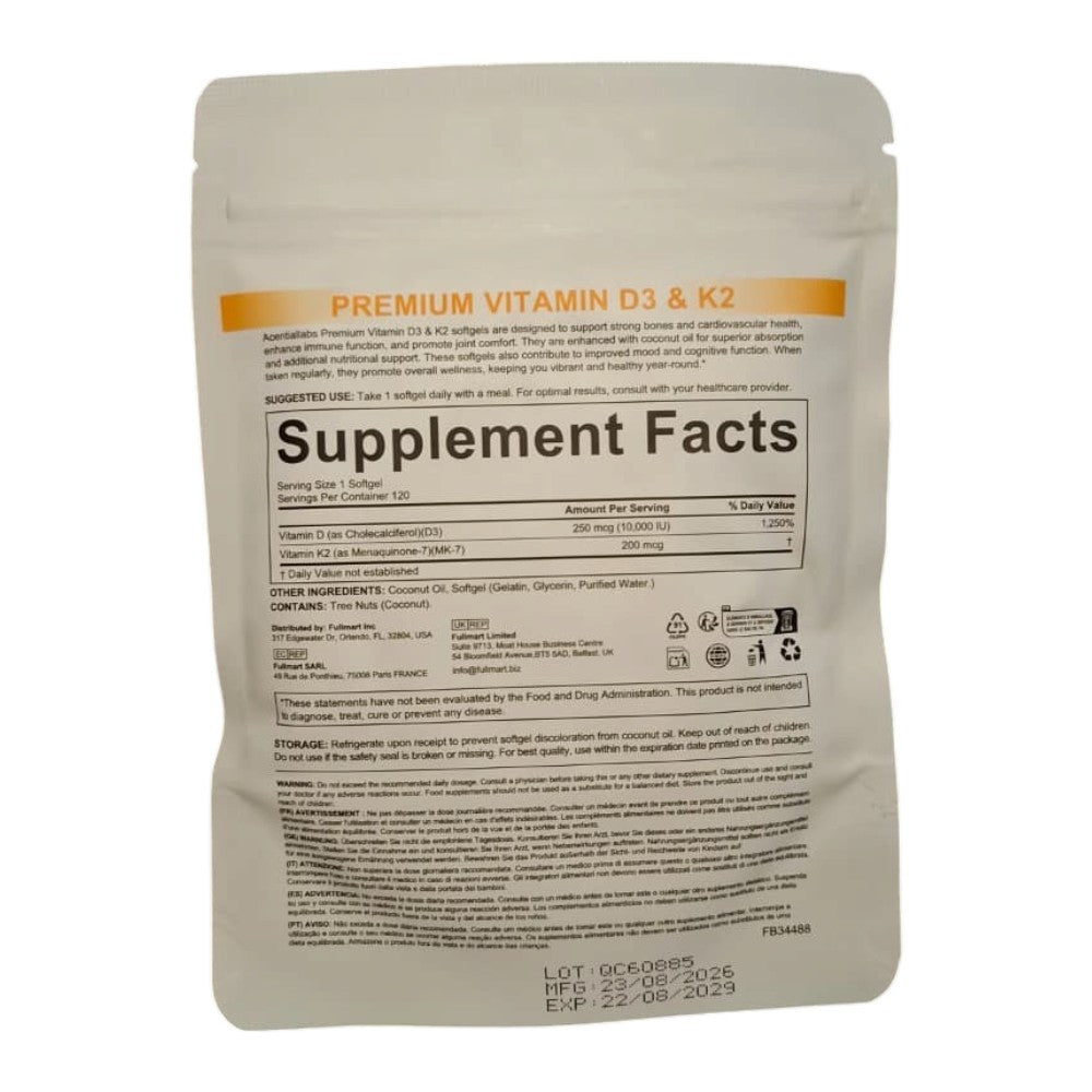 Premium Vitamin D3 & K2 with Coconut Oil - 120 Softgels