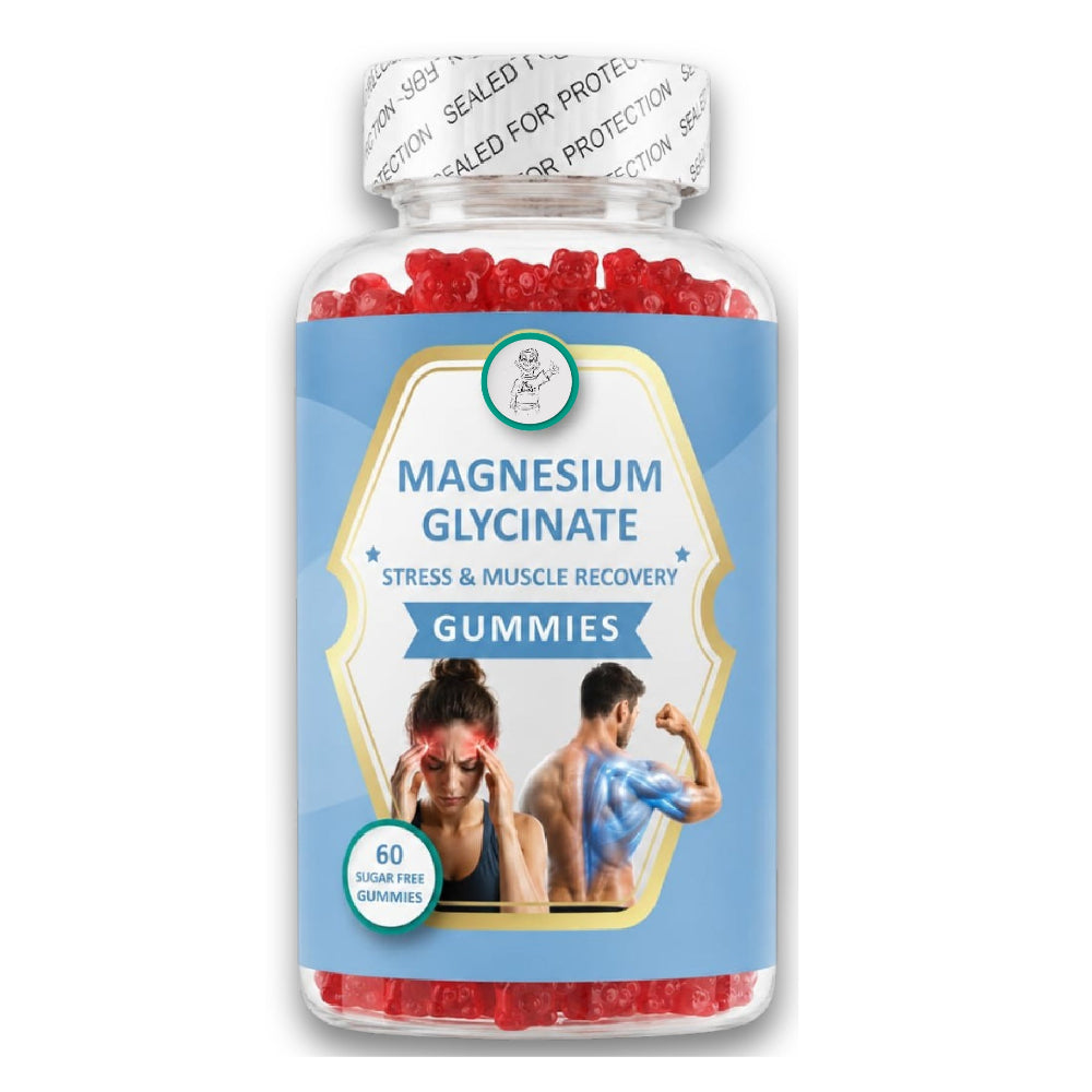 Bottle of magnesium glycinate gummies with a blue label on a white background