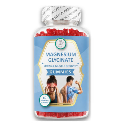 Bottle of magnesium glycinate gummies with a blue label on a white background