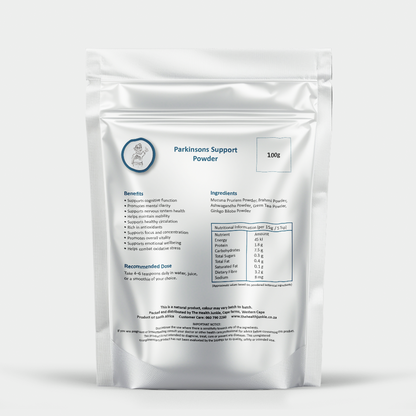 Packaging for 'Parkinson's Support' with brain and nerve cell graphics on a white background