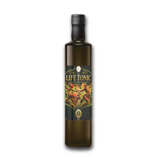 A dark glass bottle of Life Tonic with a black cap and a detailed label featuring a red and gold snake wrapped around a bottle, set against a plain white background.
